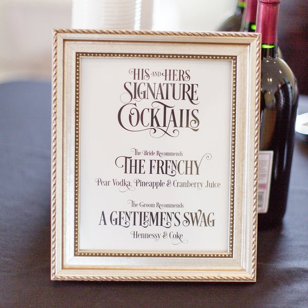 Custom signature drinks, personalized cocktail signs for wedding, events, shower