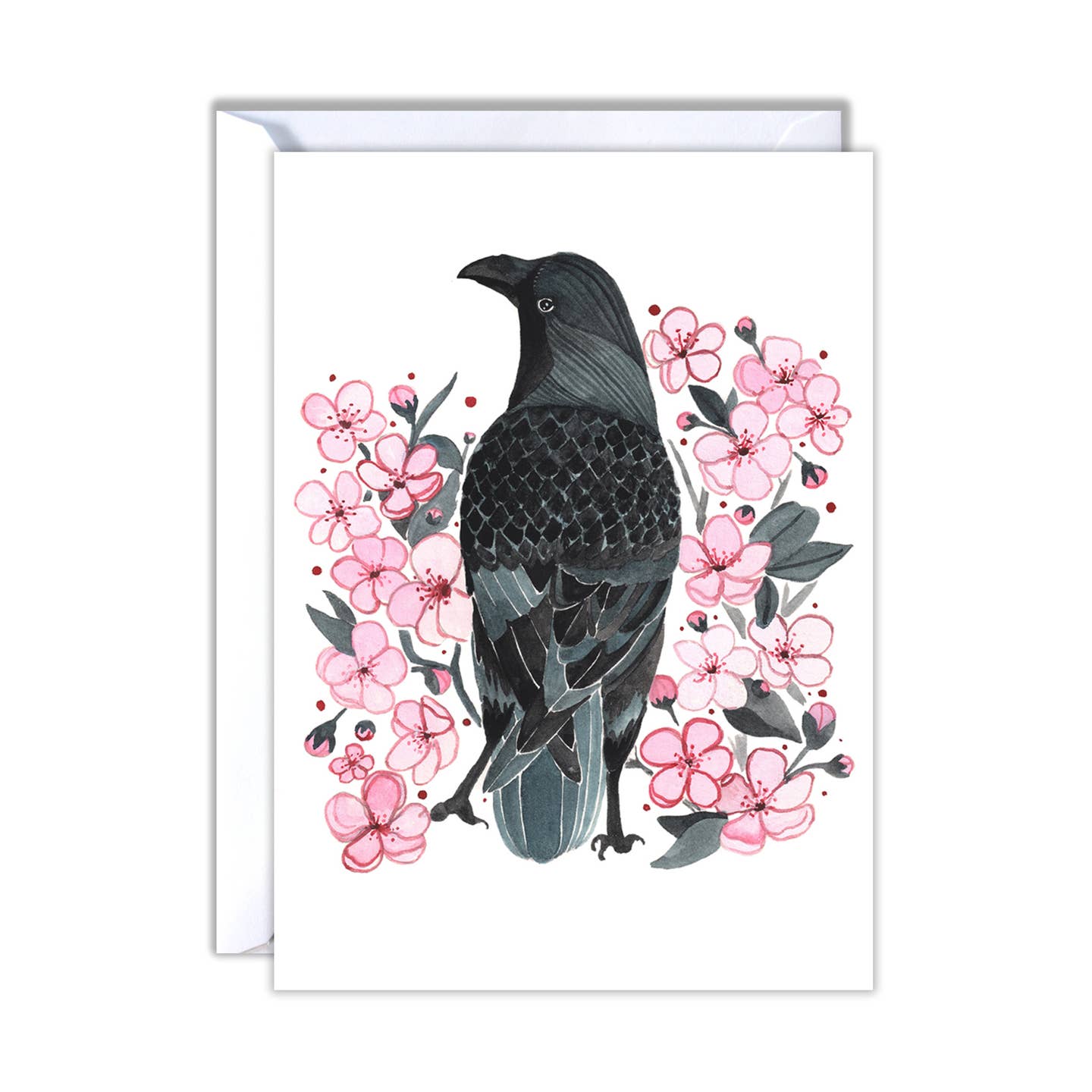 Crow Bird Blossoms Blank Card