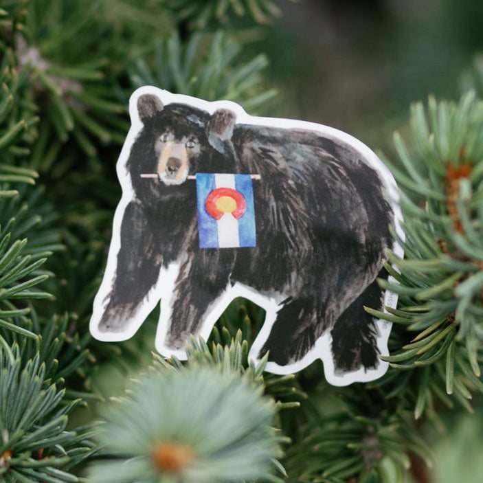 Black Bear With Colorado Flag Vinyl Sticker