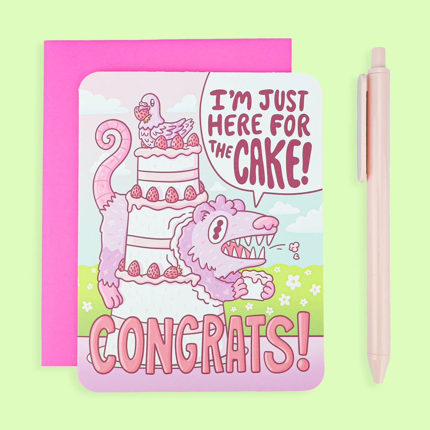 Here For the Cake Opossum Wedding Card