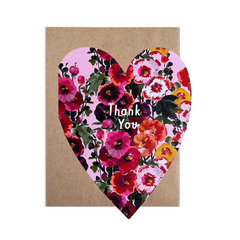 Hollyhocks Thank You Diecut Heart Card