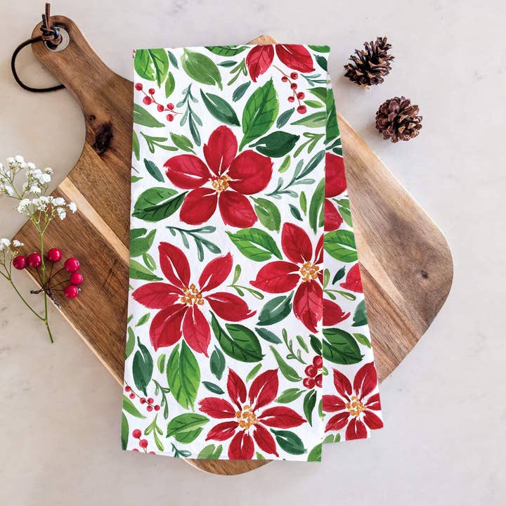 Poinsettia & Holly Tea Towel