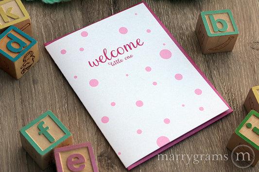 Welcome Little One, New Baby Girl Card polka dots