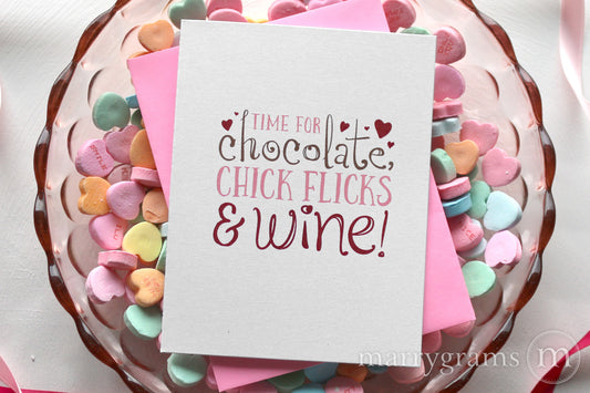 Galentine's Card | Chocolate, Chick Flicks & Wine