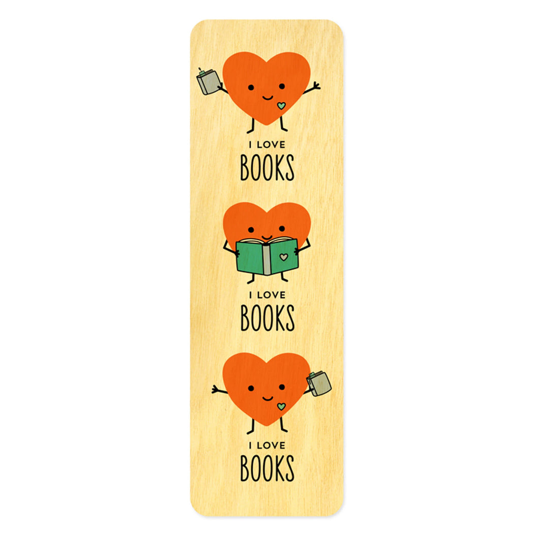Wood Bookmark I love books reading heart