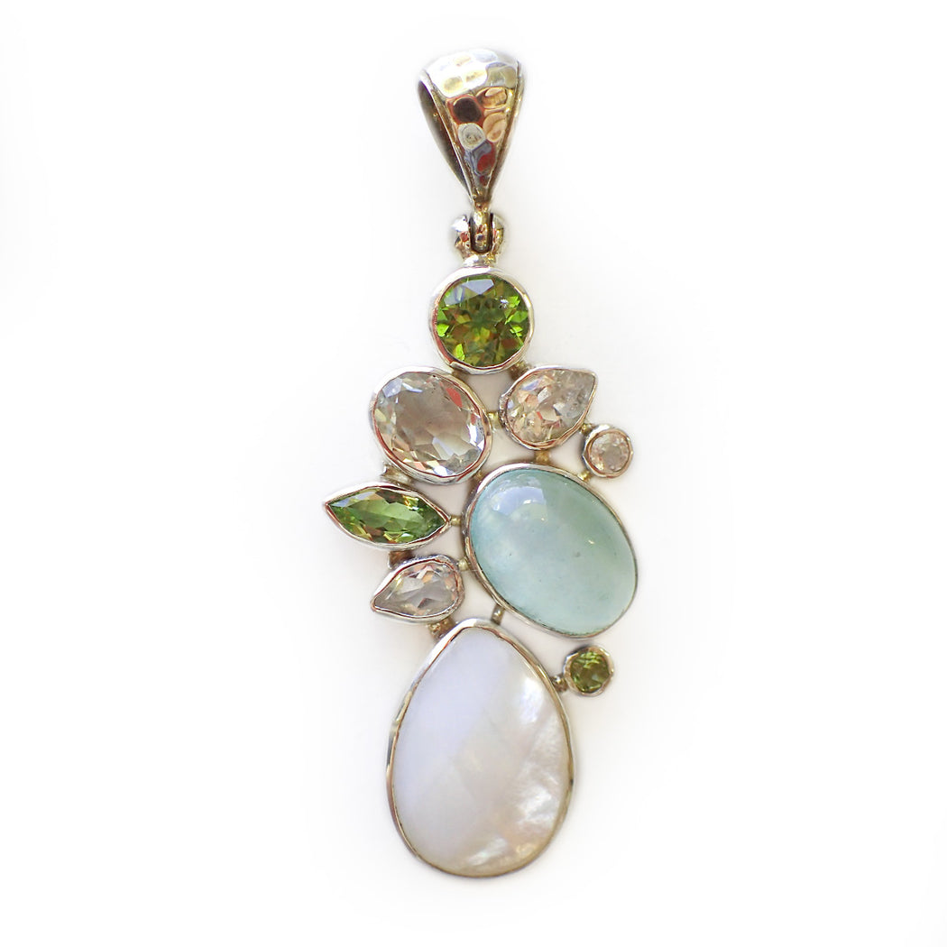 Peridot, Selenite, White Topaz & Pearl Pendant