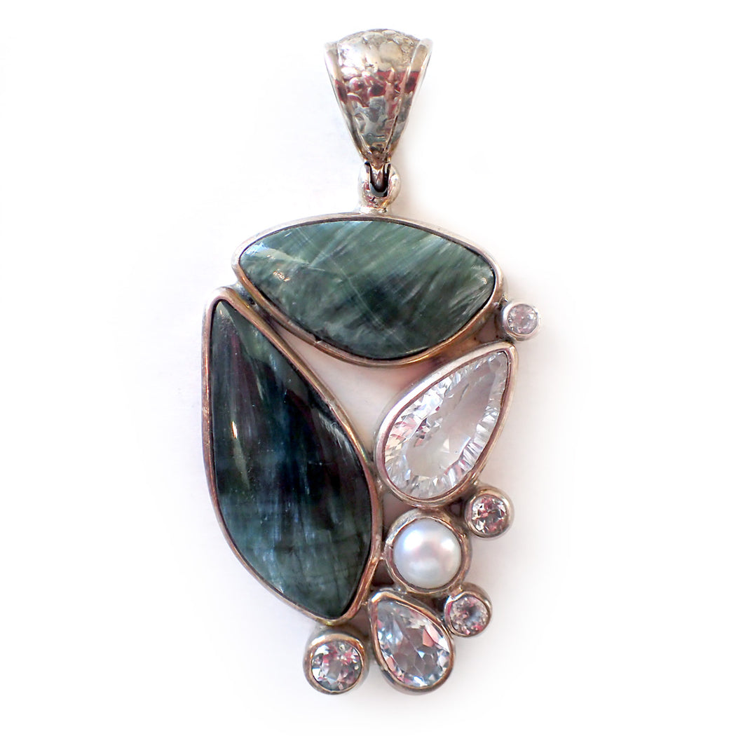 Seraphenite, Quartz, Pearl Pendant - Large