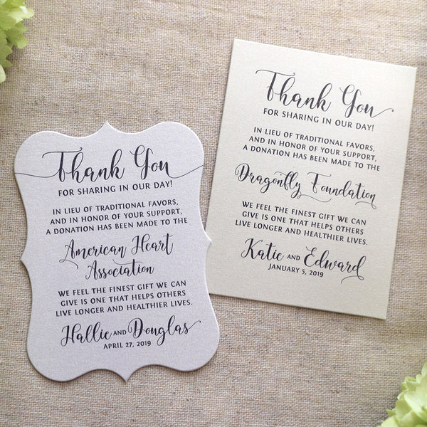 In lieu of favors cards, donation cards in memory of wedding favor cards