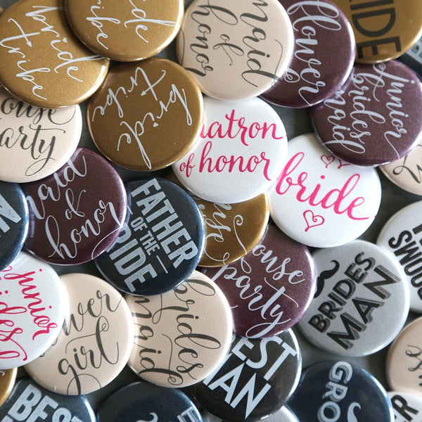 Wearable button pins for bridal party and weddings! Bridesmaid, groomsman, bride, groom buttons for shower