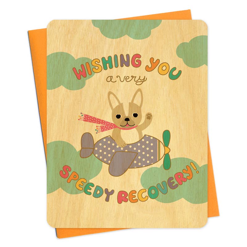 Speedy Recovery Airplane Frenchie Dog Wood Card