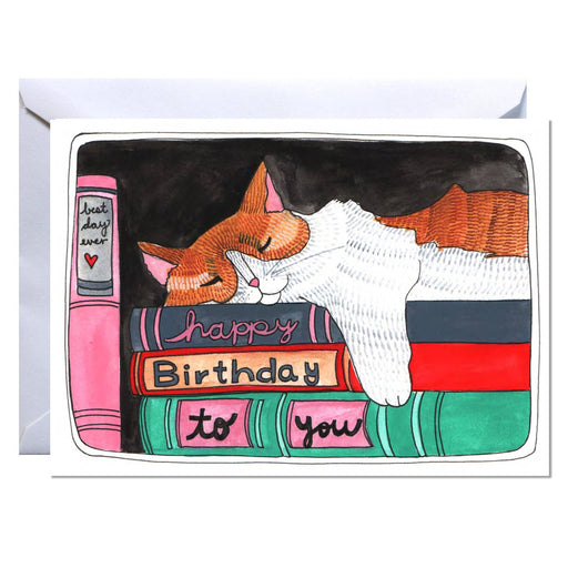Cat Nap on Books Birthday Card