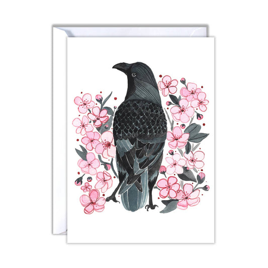 Crow Bird Blossoms Blank Card