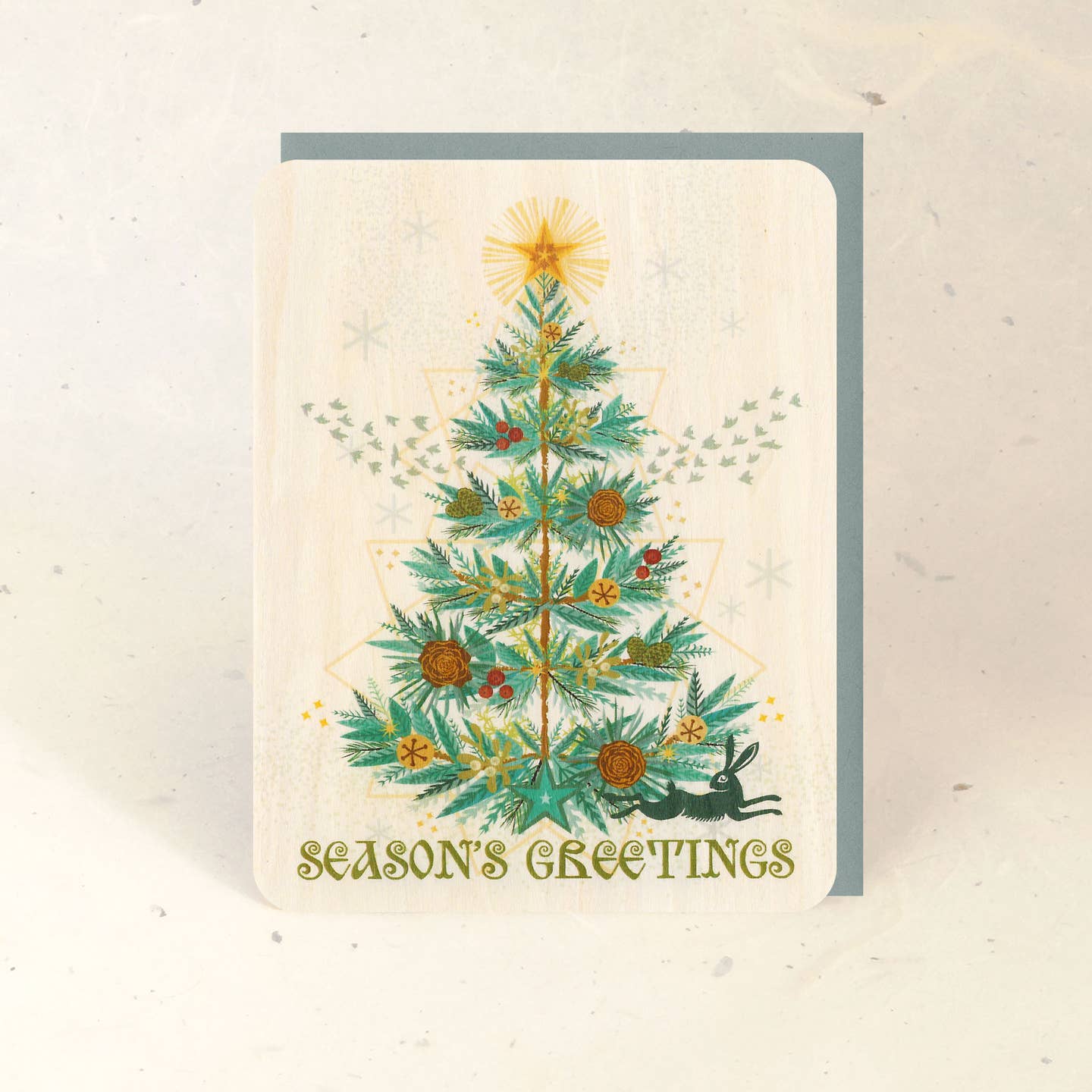 Yule Tree Seasons Greetings Wood Card