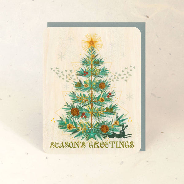 Yule Tree Seasons Greetings Wood Card