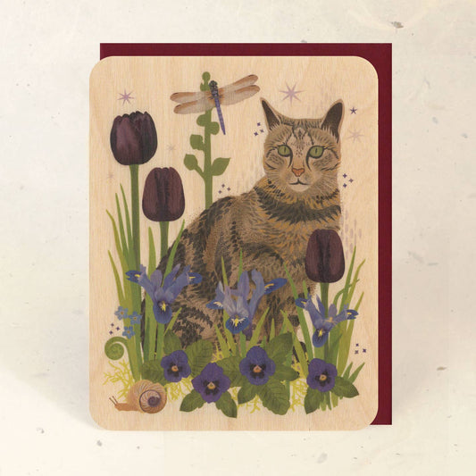 Tabby Cat & Dragonfly Wood Card