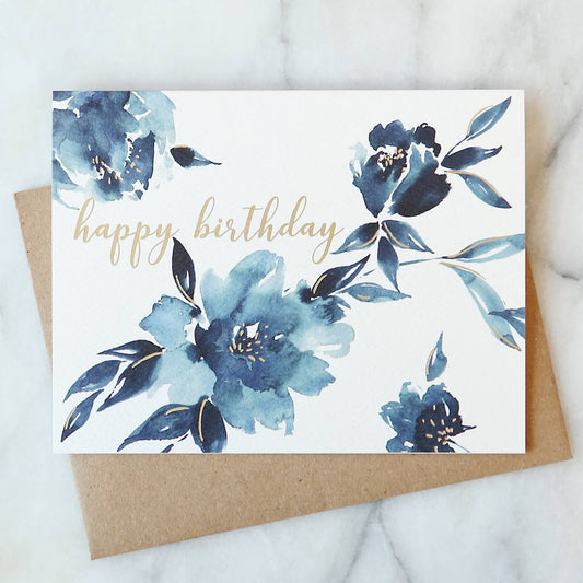 Indigo Blue Flowers Happy Birthday Card
