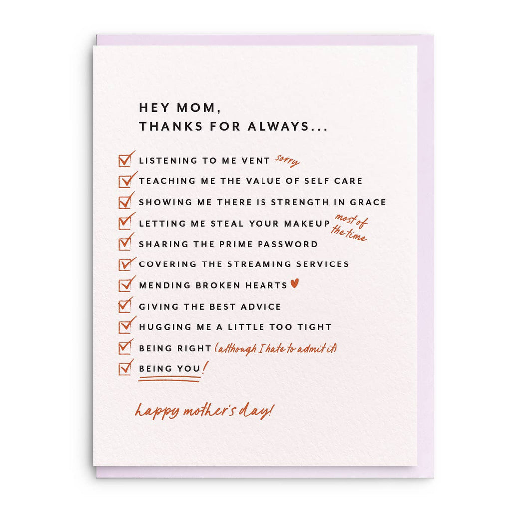 List Mom Thanks for Always Mothers Day Card