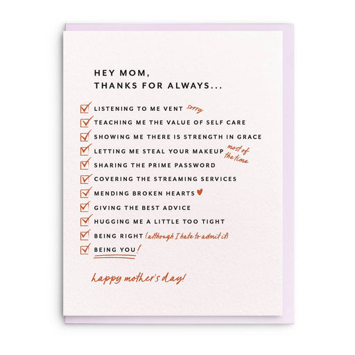 List Mom Thanks for Always Mothers Day Card