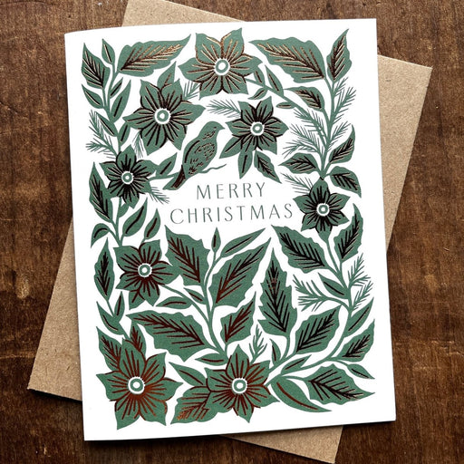 Merry Christmas Green Foil Leaves Card