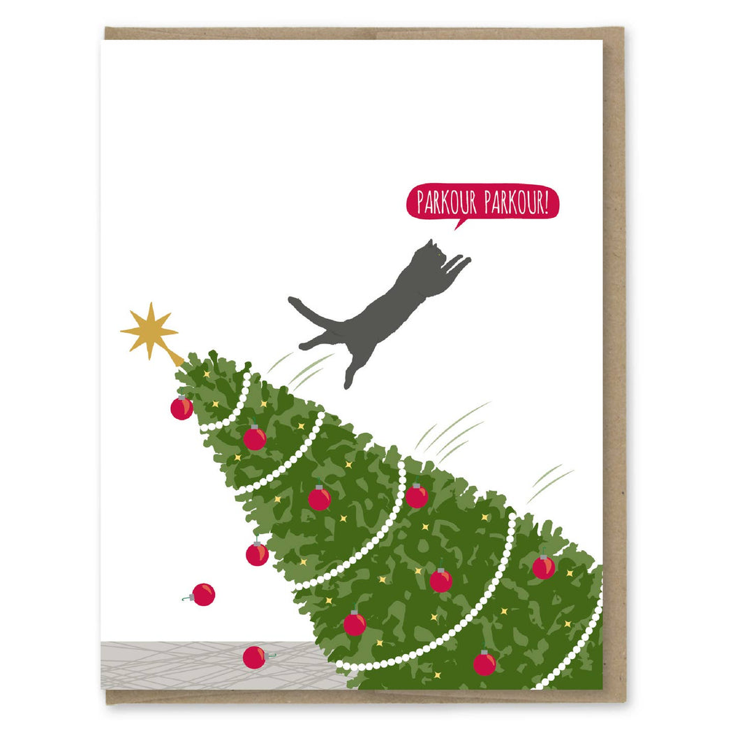 Parkour Cat Christmas Tree Card