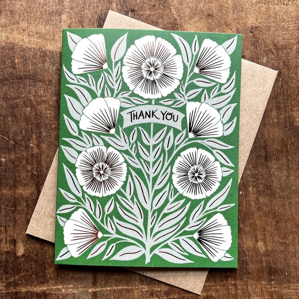 Thank You Green Gold Florals Card