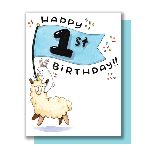 Happy 1st First Birthday Llama Bunny Card