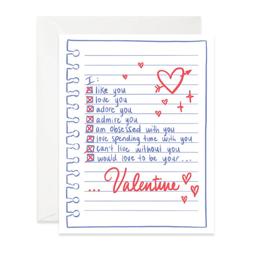 Notebook Paper Checklist Valentines Day Card