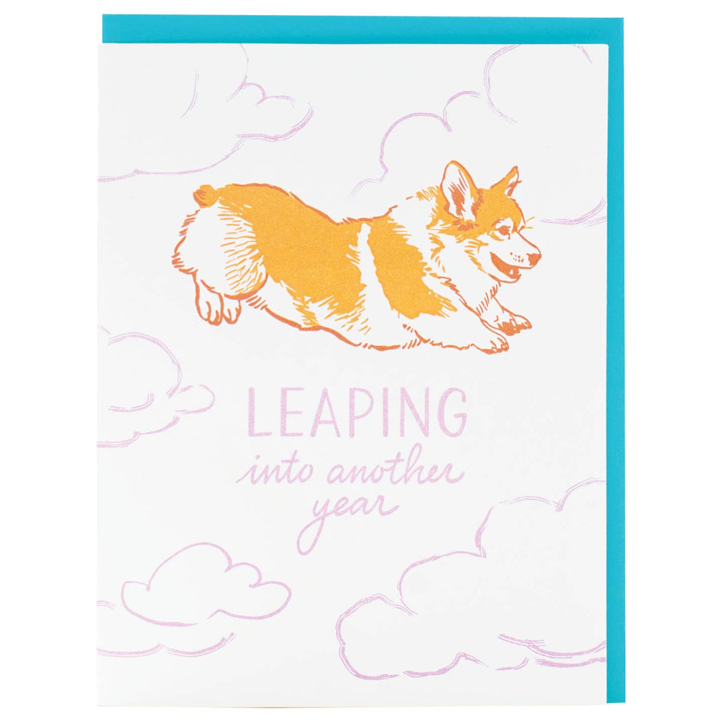 Leaping Into Another Year Corgi Dog Birthday Card