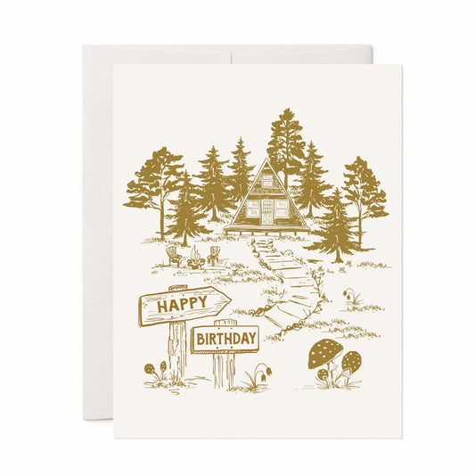 Happy Birthday A Frame Cabin in Woods Card