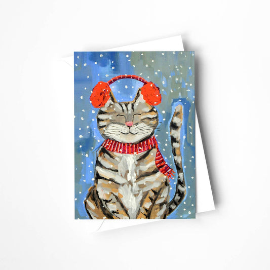Cozy Cat Earmuffs Blank Holiday Card