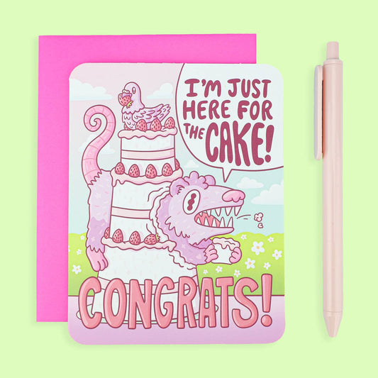 Here For the Cake Opossum Wedding Card