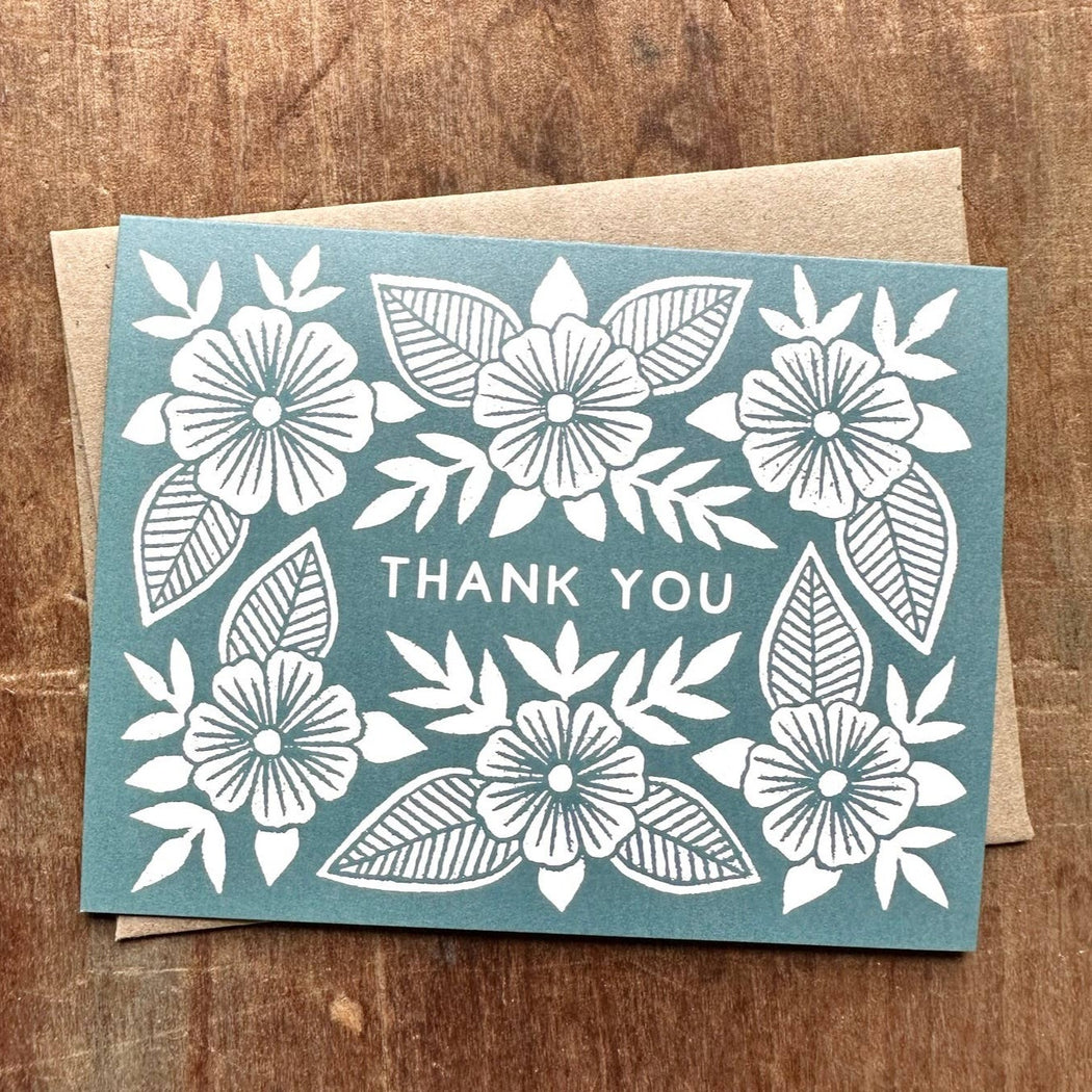 Green Thank You Block Stamped Florals Card