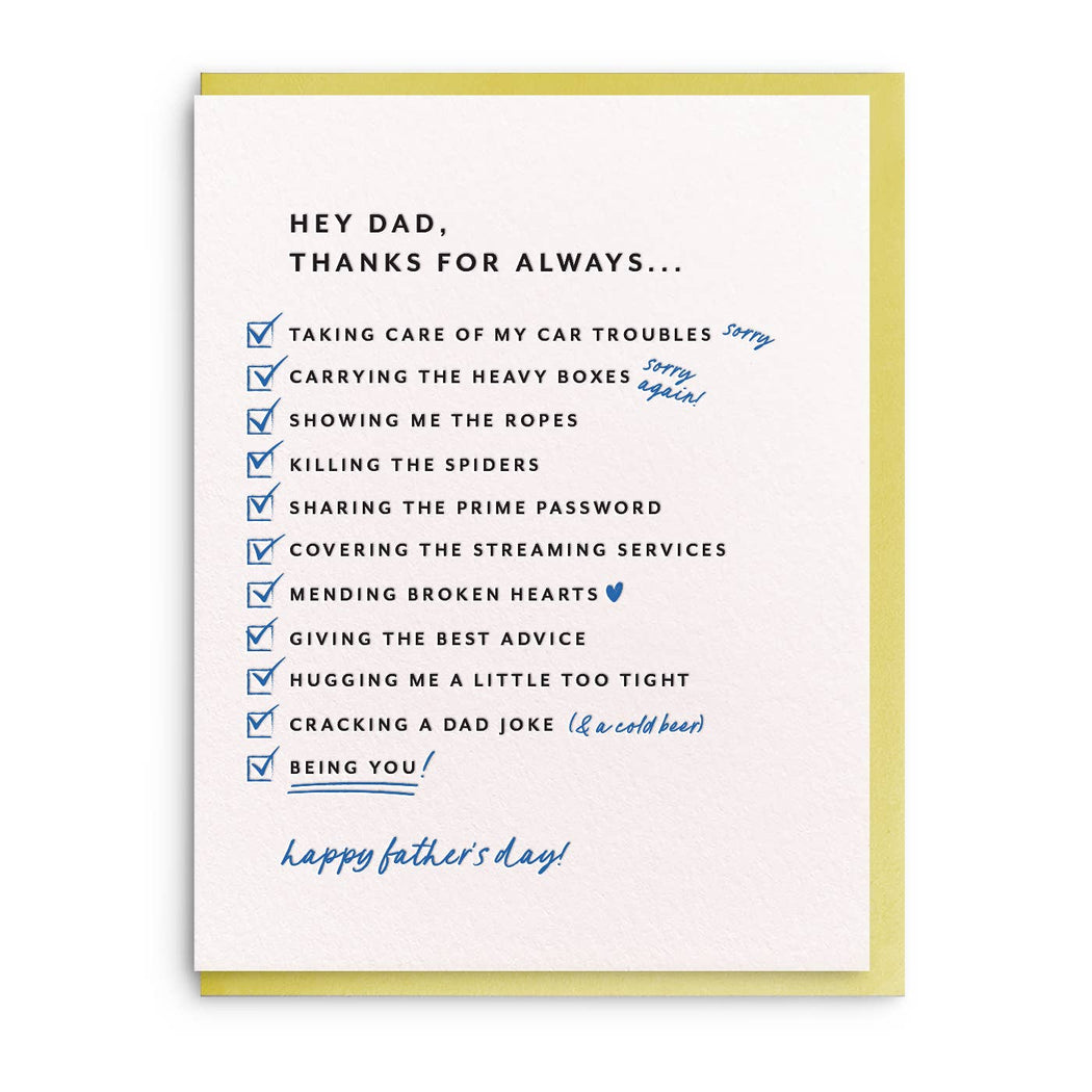 Dad List Thanks For Always Fathers Day Card