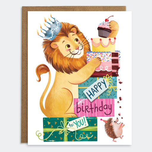 Lion Hedgehog Presents Happy Birthday Card