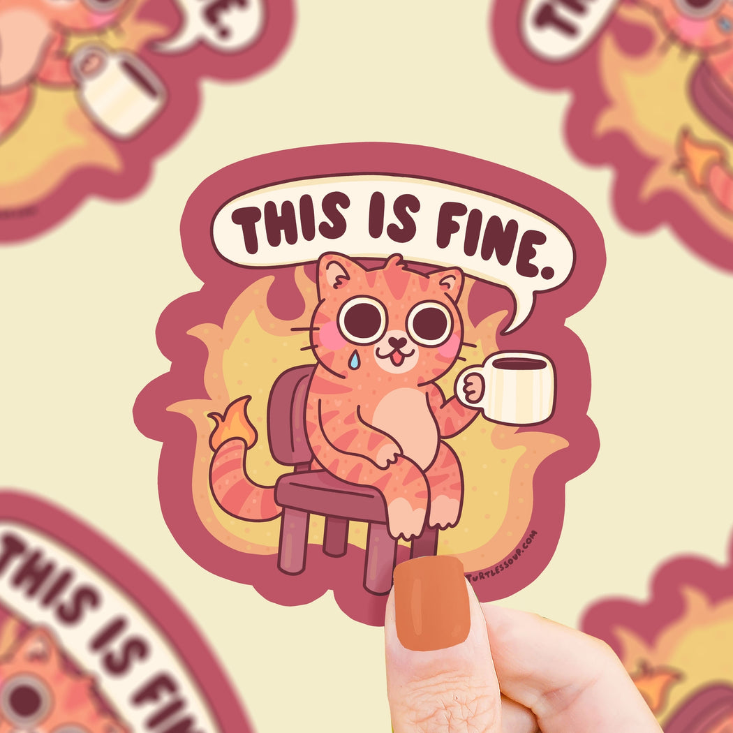 This Is Fine On Fire Cat Vinyl Sticker