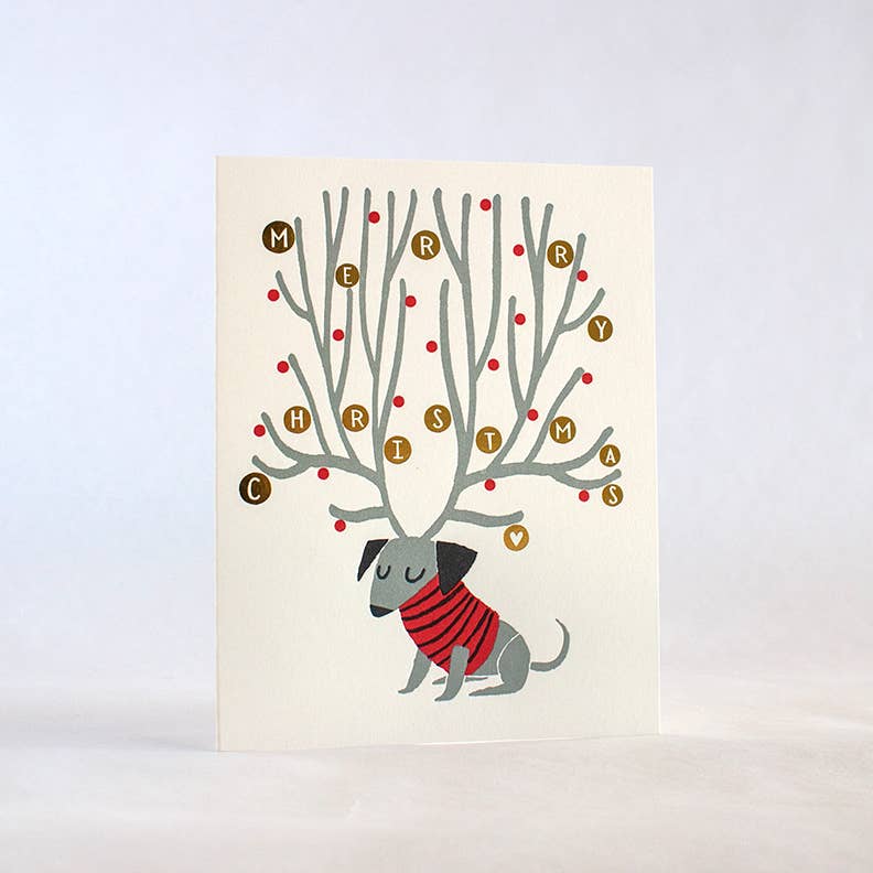 Reindeer Wiener Dog Merry Christmas Card