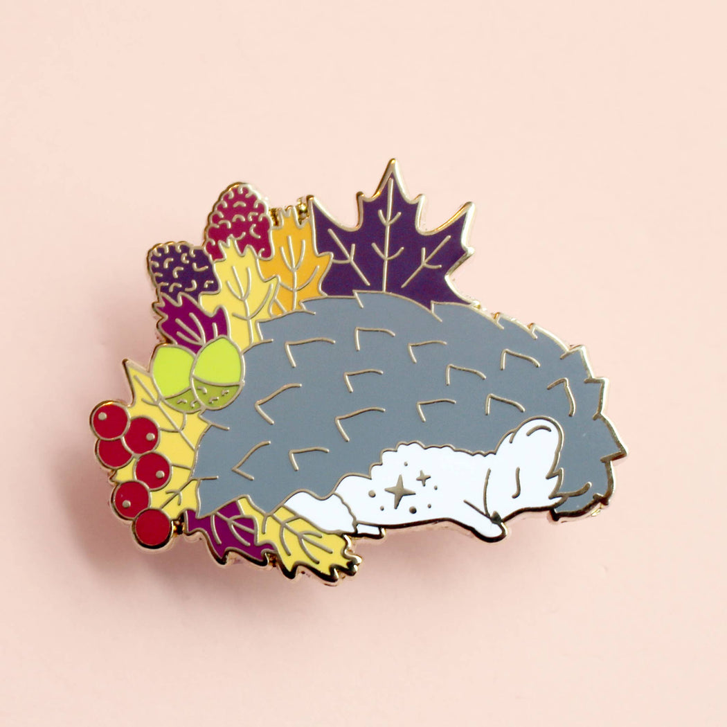 Hedgehog in Leaves Enamel Pin