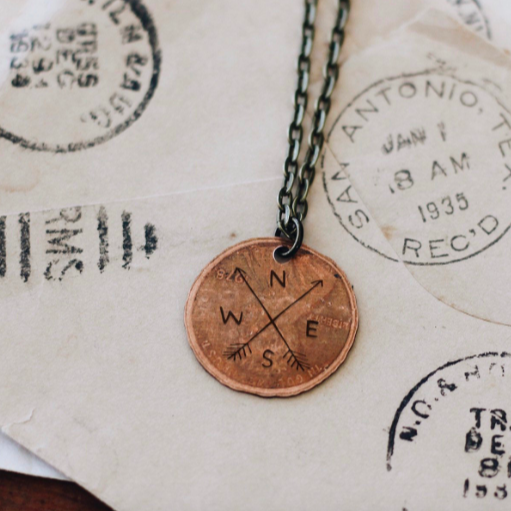 Compass traveling penny  stamped necklace