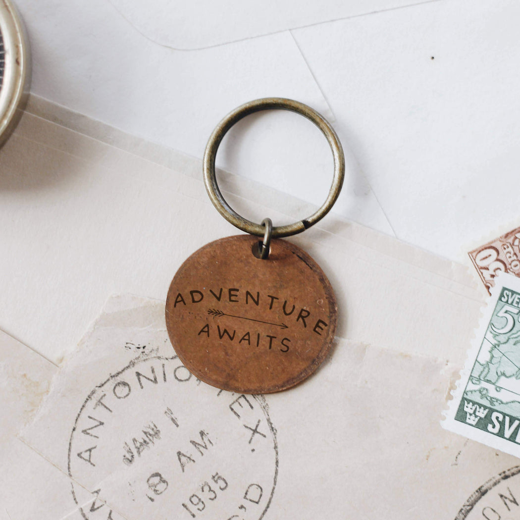 Adventure awaits traveling penny copper keychain