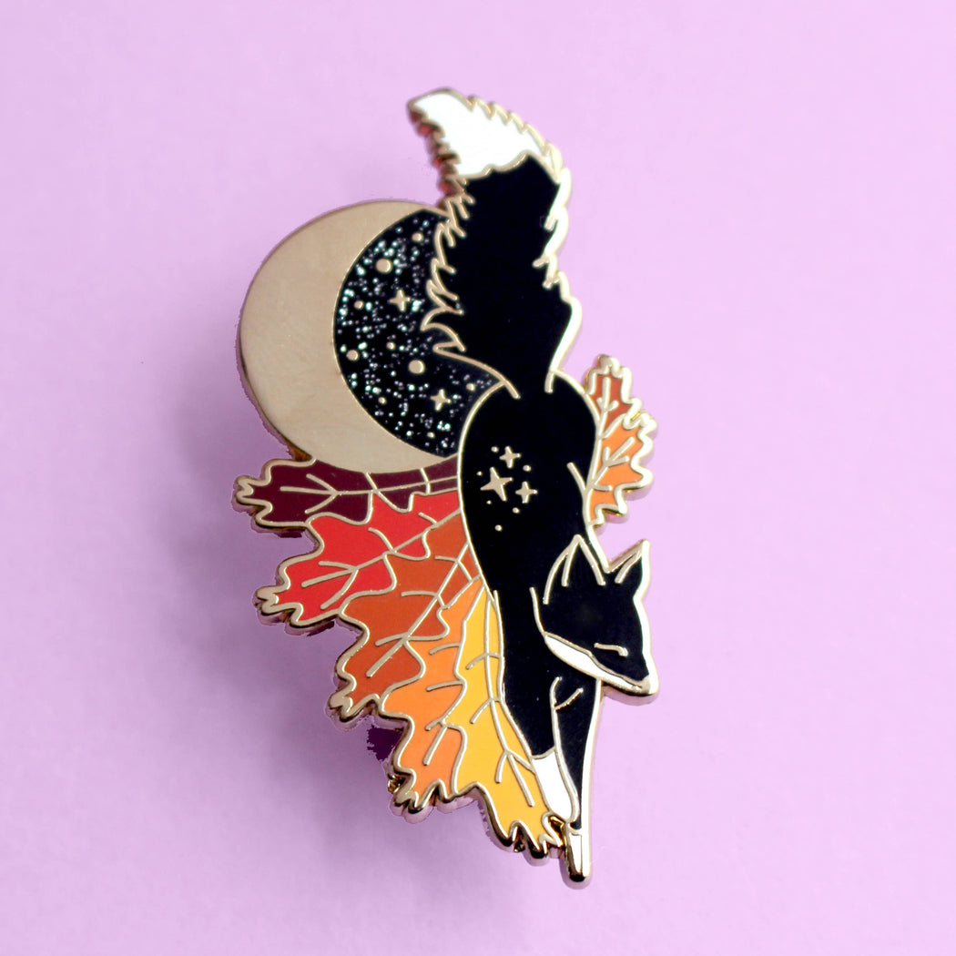 Black Fox Moon Leaves Enamel Pin