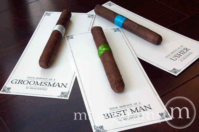 Your Service is Requested as My Groomsman Cigar Cards Created by Marrygrams for Groomsmen, Best Man, Usher & Wedding Party