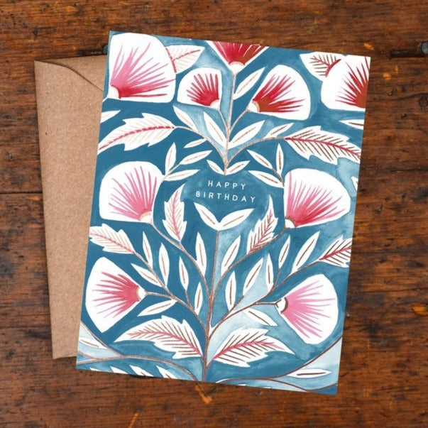 Happy Birthday Foil or Block Printed Floral Card