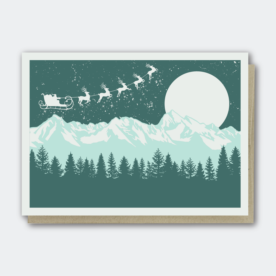 Santa's Sleigh Over Mountains Card