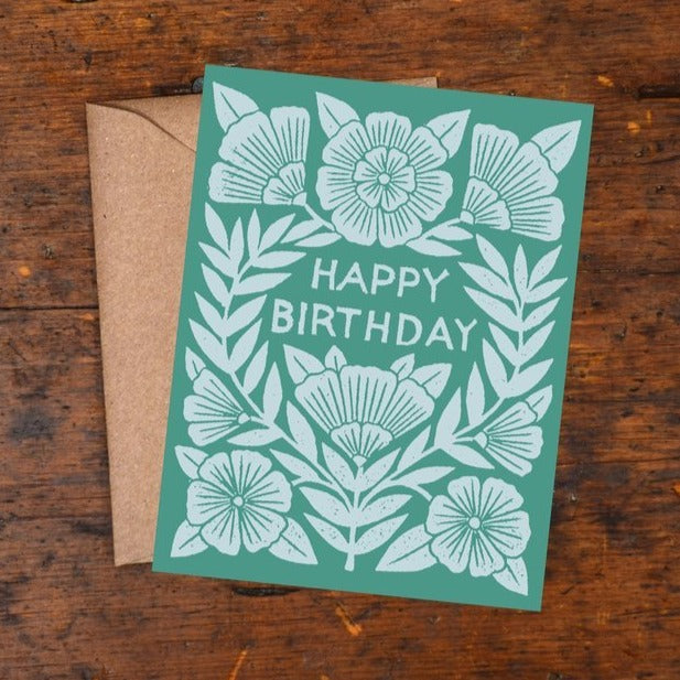 Happy Birthday Foil or Block Printed Floral Card