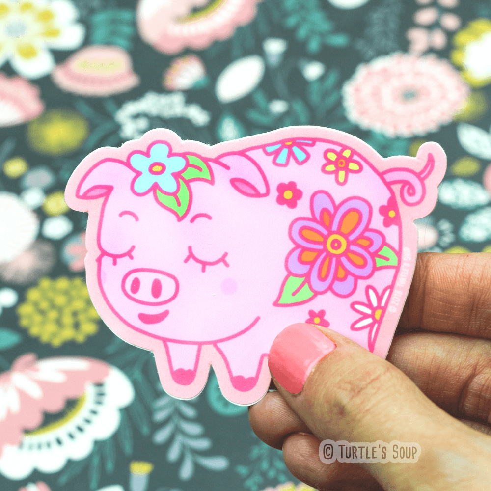 Pink Floral Pig Vinyl Sticker