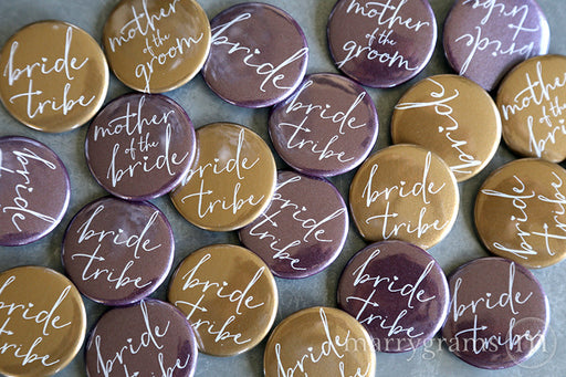Bride Tribe Bridal Party Buttons plum and gold