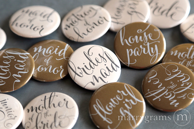 Bridal Party Buttons whimsical style blush and gold - bride, mother of the bride, mother of the groom, bridesmaid, maid of honor, matron of honor, junior bridesmaid, flower girl