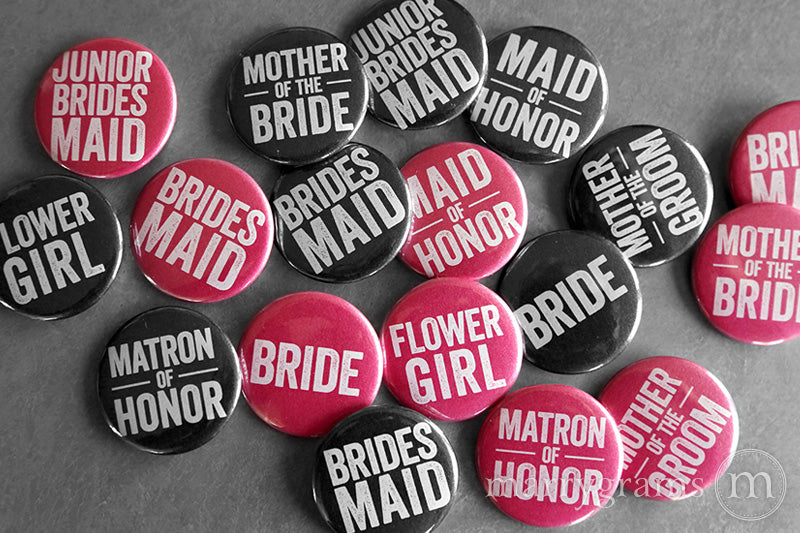 Bridal Party Buttons Hot Pink & Black - bride, mother of the bride, mother of the groom, bridesmaid, maid of honor, matron of honor, junior bridesmaid, flower girl
