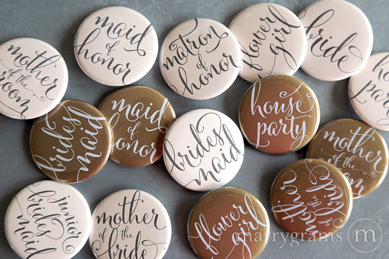 Bridal Party Buttons whimsical style blush and gold - bride, mother of the bride, mother of the groom, bridesmaid, maid of honor, matron of honor, junior bridesmaid, flower girl