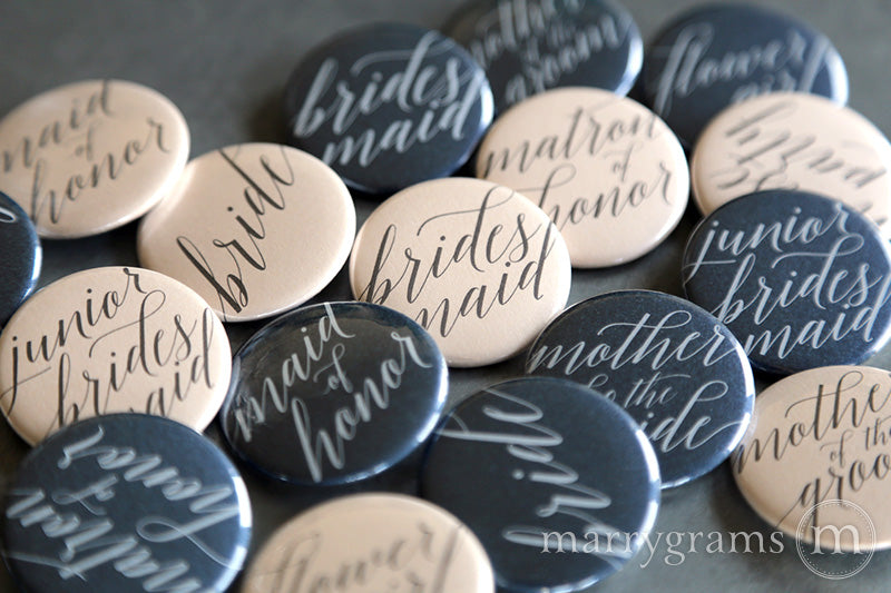 Bridal Party Buttons Delicate Style - mother of the bride and groom, bride, maid of honor, matron of honor, junior bridesmaid, flower girl, bridesmaid buttons